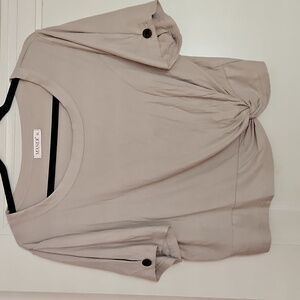 Maner Tan Knot-Front Short Sleeve Crop Top, Sz XL, Ribbed Fabric